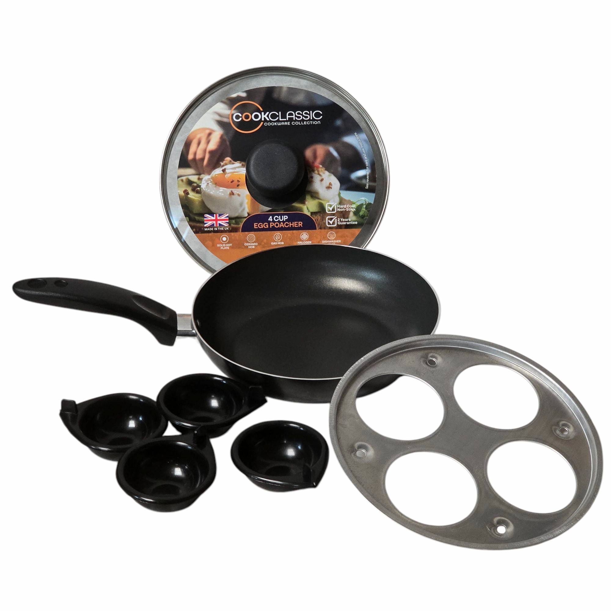 20cm / 8" Non-Stick Aluminium Egg Poacher, 4 Cup, with Glass Lid
