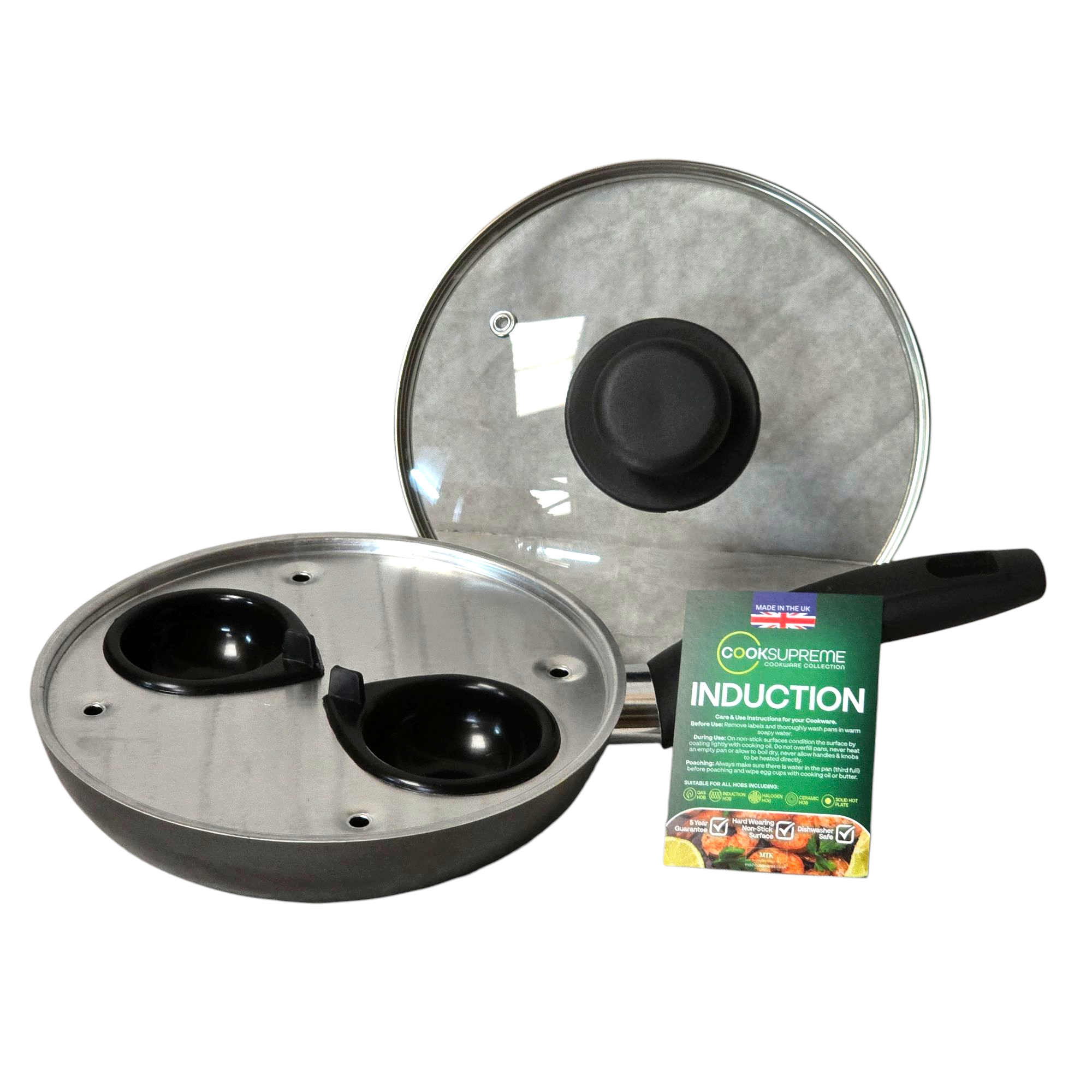20cm / 8" Non-Stick Aluminium Induction Egg Poacher, 2 Cup, with Glass Lid - Image 1
