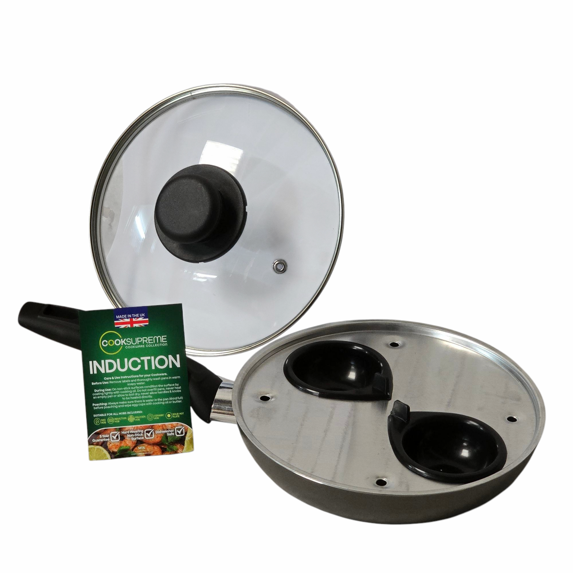 20cm / 8" Non-Stick Aluminium Induction Egg Poacher, 2 Cup, with Glass Lid thumbnail 3