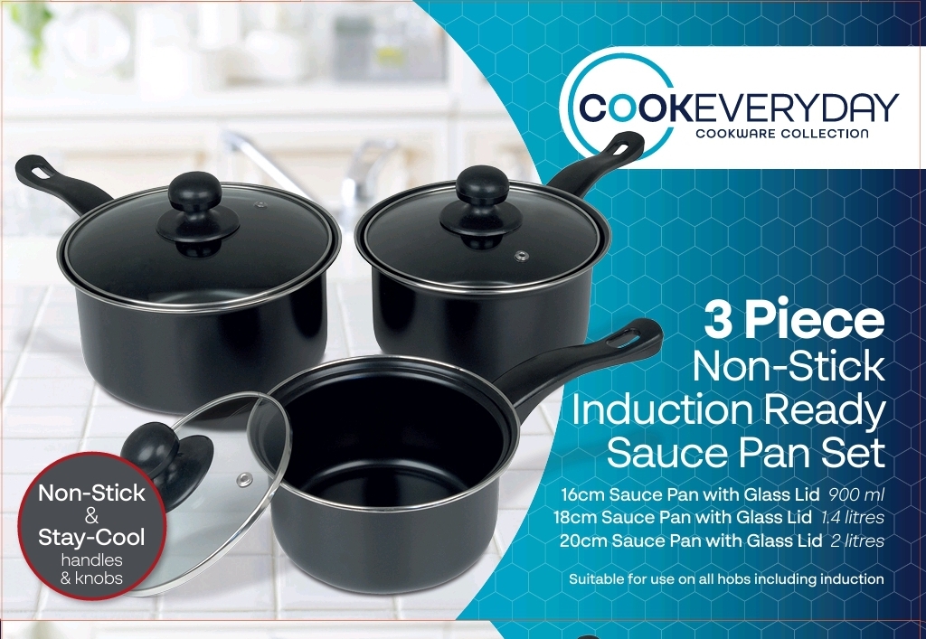 3pc Carbon Steel Non-Stick Saucepan Set with Glass Lids thumbnail 2