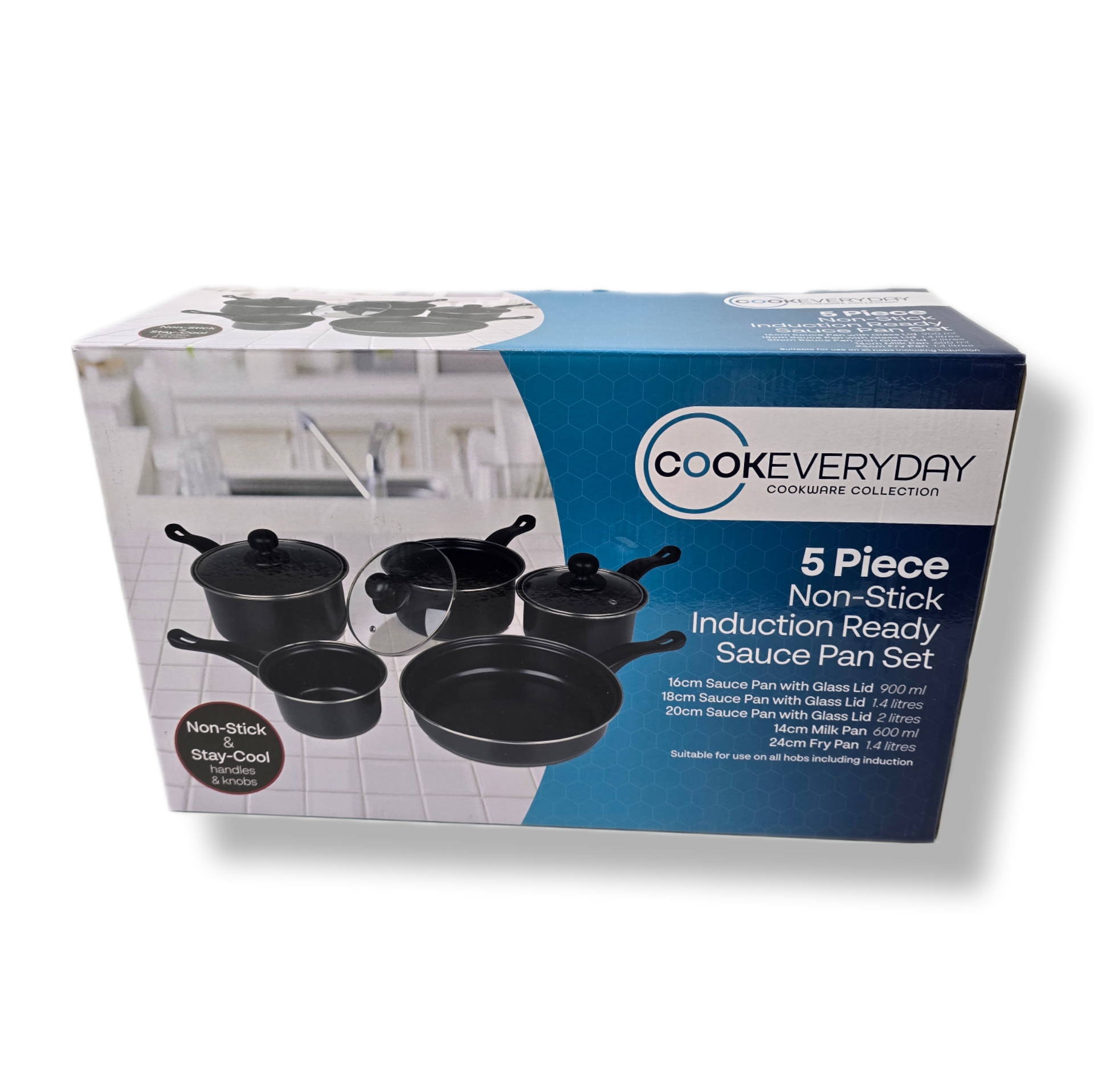 5pc Carbon Steel Non-Stick Saucepan Set with Glass Lids - Image 1